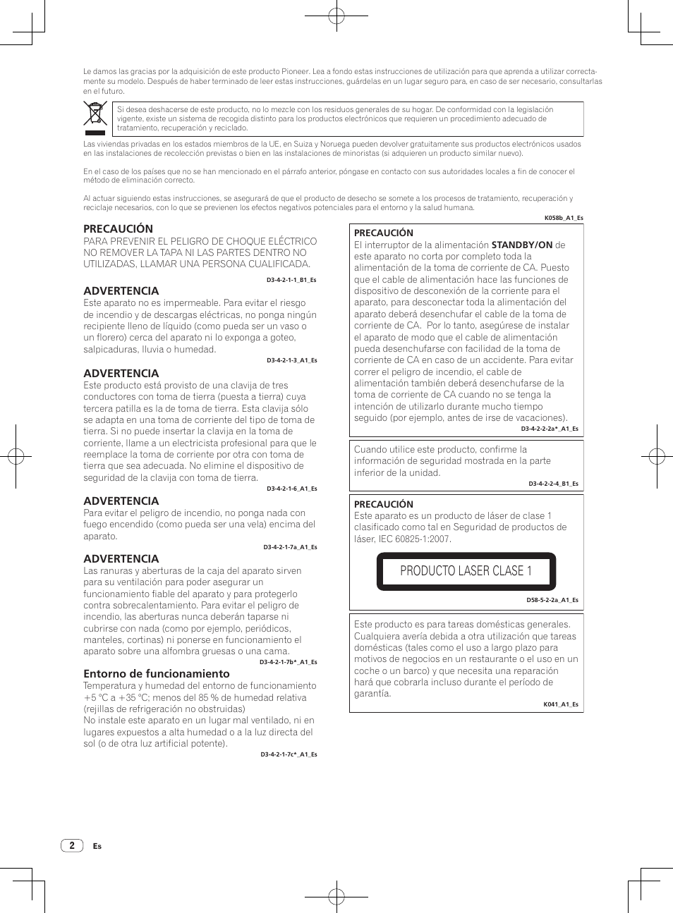 Sistema dj, Producto laser clase 1, Advertencia | Entorno de funcionamiento, Precaución | Pioneer XDJ-R1 User Manual | Page 52 / 84