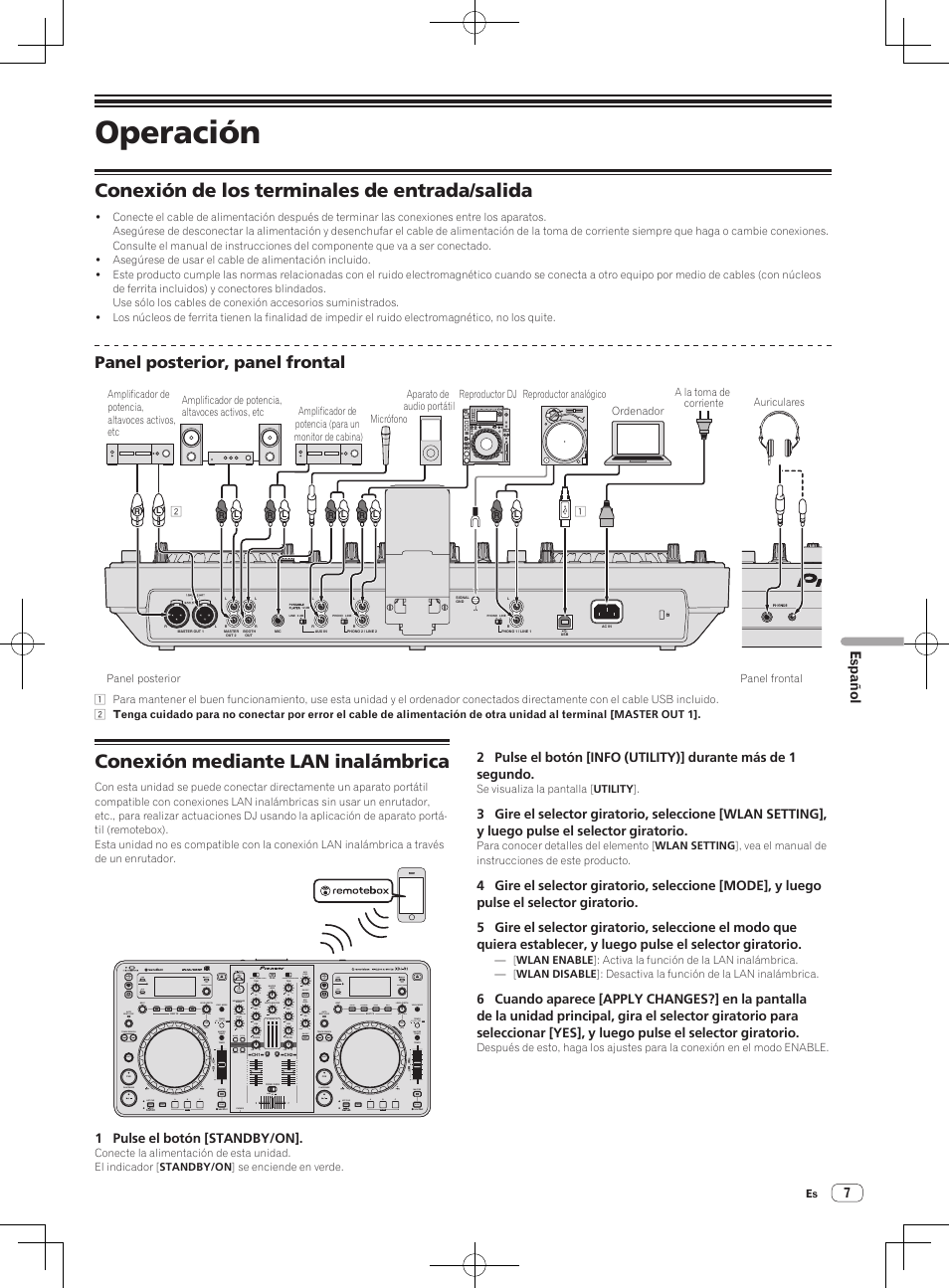 Operación, Conexión de los terminales de entrada/salida, Conexión mediante lan inalámbrica | Panel posterior, panel frontal | Pioneer XDJ-R1 User Manual | Page 57 / 84