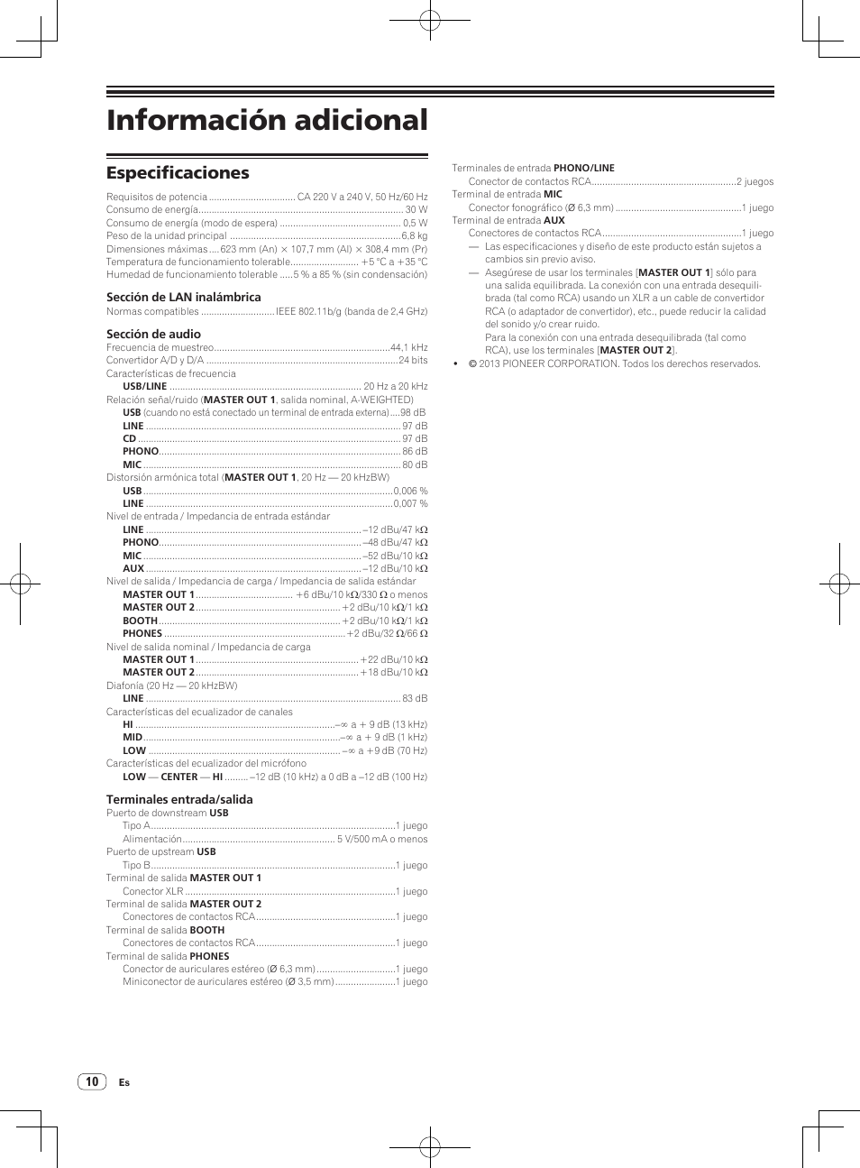 Información adicional, Especificaciones | Pioneer XDJ-R1 User Manual | Page 60 / 84