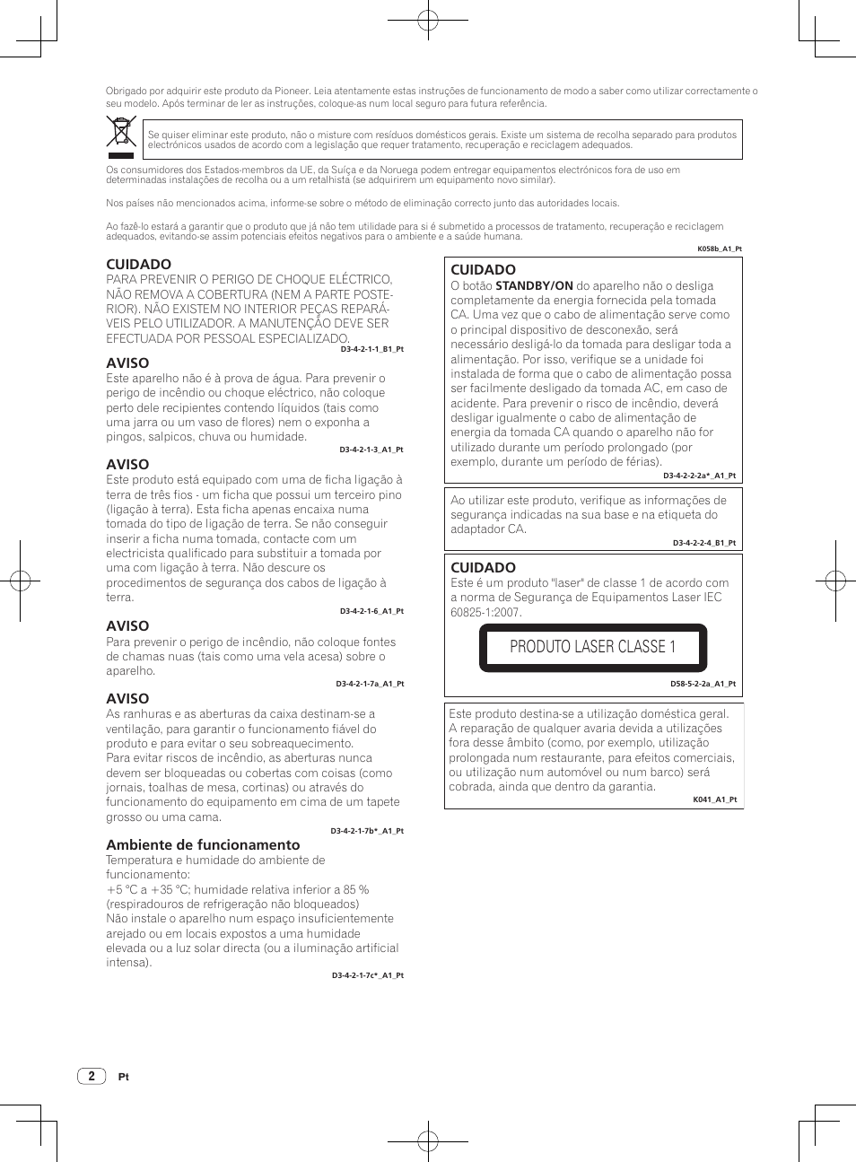 Sistema de dj, Produto laser classe 1, Aviso | Ambiente de funcionamento, Cuidado | Pioneer XDJ-R1 User Manual | Page 62 / 84