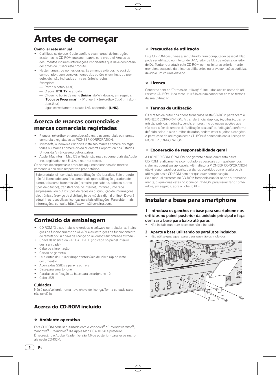 Antes de começar, Conteúdo da embalagem, Instalar a base para smartphone | Acerca do cd-rom incluído | Pioneer XDJ-R1 User Manual | Page 64 / 84