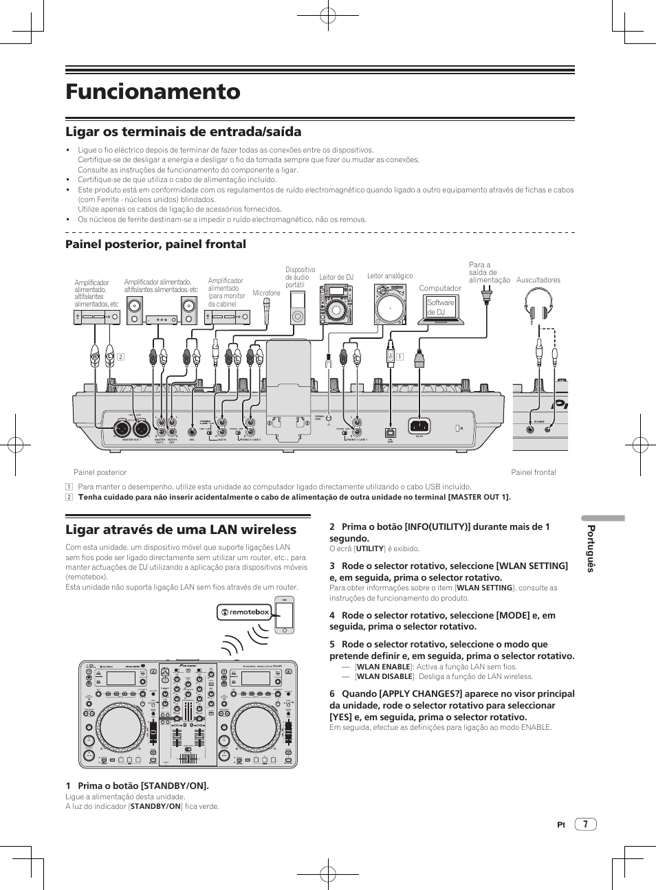 Funcionamento, Ligar os terminais de entrada/saída, Ligar através de uma lan wireless | Painel posterior, painel frontal | Pioneer XDJ-R1 User Manual | Page 67 / 84