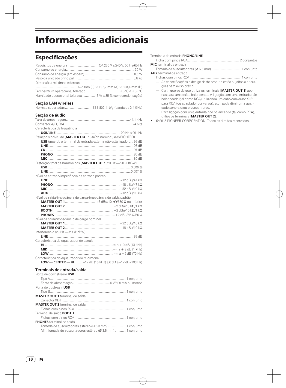 Informações adicionais, Especificações | Pioneer XDJ-R1 User Manual | Page 70 / 84