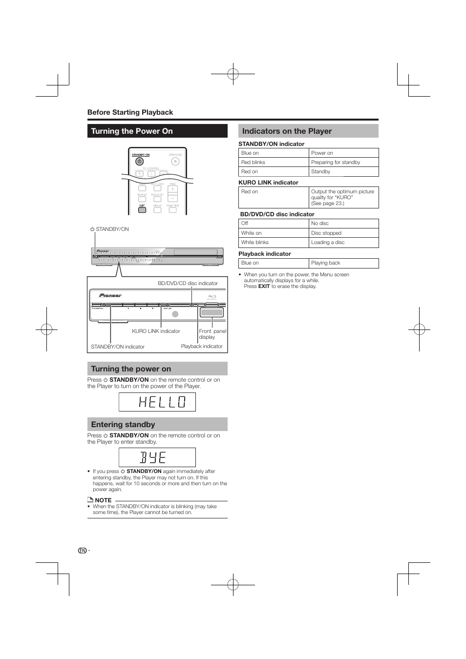 Turning the power on, Turning the power on turning the power on, Entering standby | Indicators on the player | Pioneer BDP-120 User Manual | Page 22 / 59