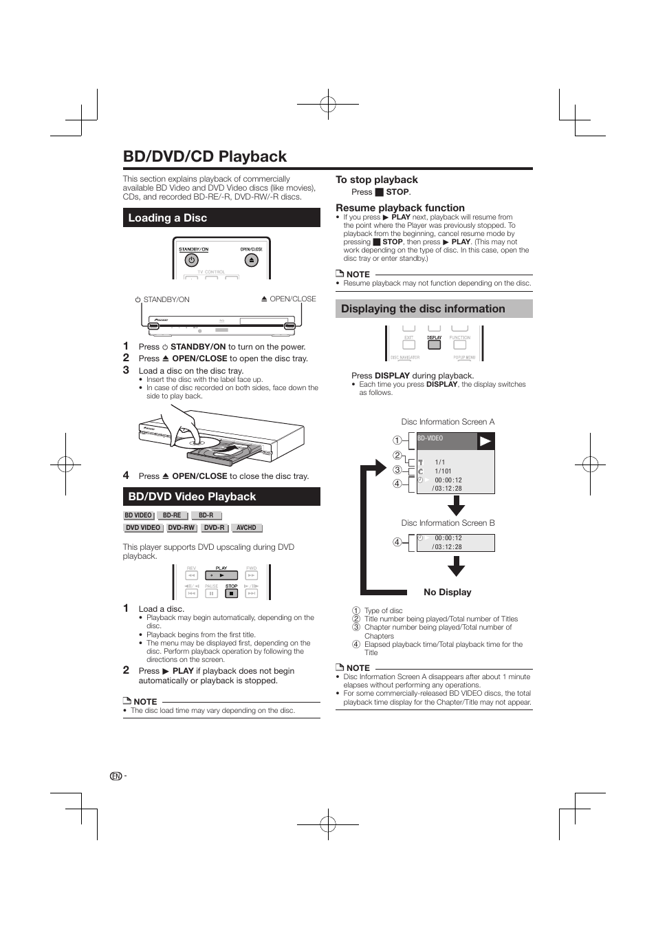 Bd/dvd/cd playback -29, Loading a disc bd/dvd video playback, Displaying the disc information | Bd/dvd/cd playback, Loading a disc, Bd/dvd video playback | Pioneer BDP-120 User Manual | Page 26 / 59