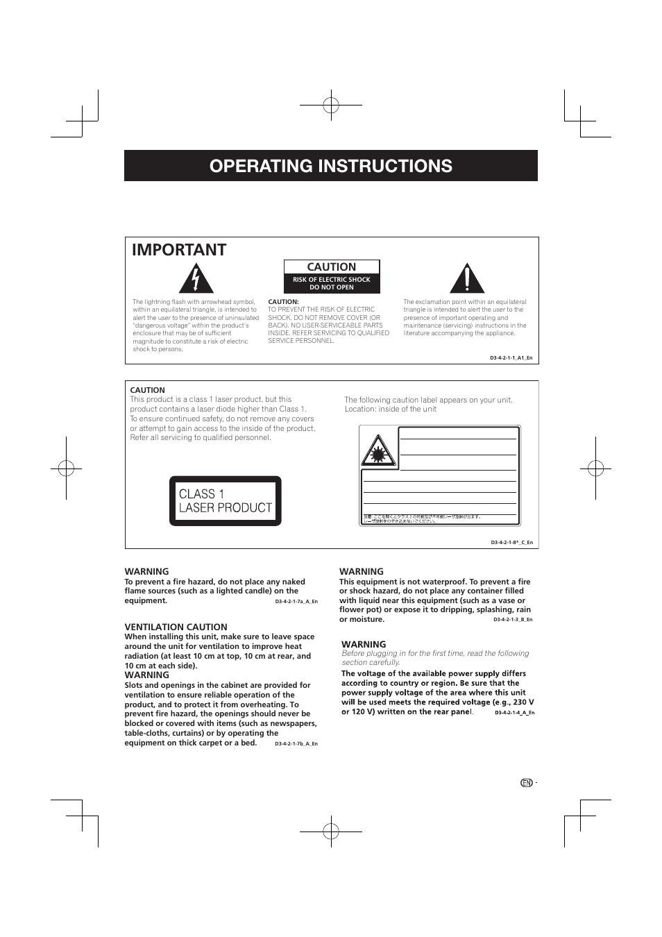 Operating instructions, Important, Caution | Pioneer BDP-120 User Manual | Page 3 / 59