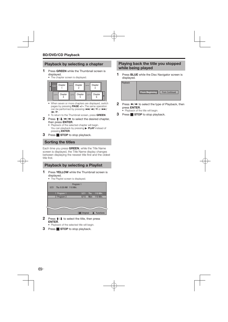 Playback by selecting a chapter, Sorting the titles, Playback by selecting a playlist | Pioneer BDP-120 User Manual | Page 30 / 59