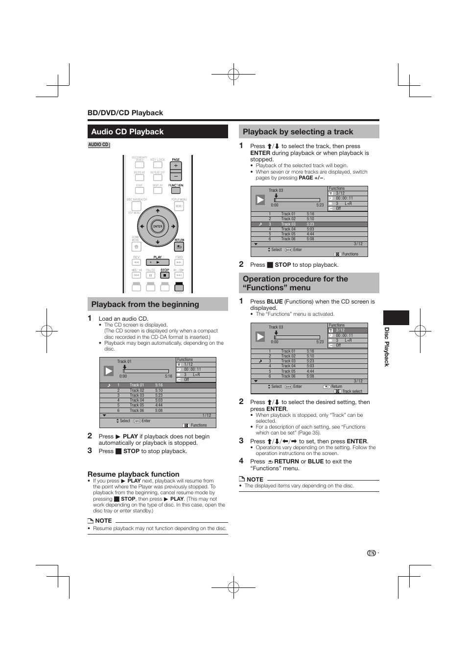 Audio cd playback, Playback from the beginning, Playback by selecting a track | Operation procedure for the “functions” menu, Resume playback function, Bd/dvd/cd playback | Pioneer BDP-120 User Manual | Page 31 / 59