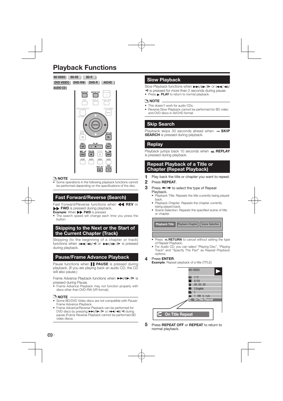 Playback functions -32, Chapter (track), Repeat playback) | Playback functions, Fast forward/reverse (search), Pause/frame advance playback, Slow playback, Skip search, Replay | Pioneer BDP-120 User Manual | Page 32 / 59