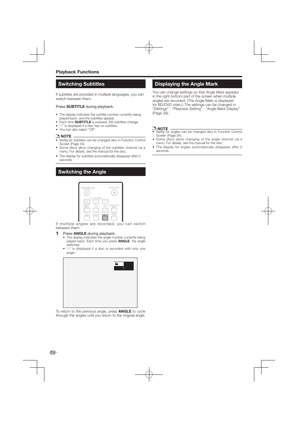 Displaying the angle mark, Switching subtitles, Switching the angle | Pioneer BDP-120 User Manual | Page 34 / 59