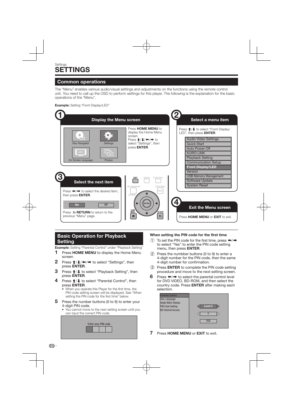 Settings -45, Settings, Common operations | Basic operation for playback setting | Pioneer BDP-120 User Manual | Page 38 / 59