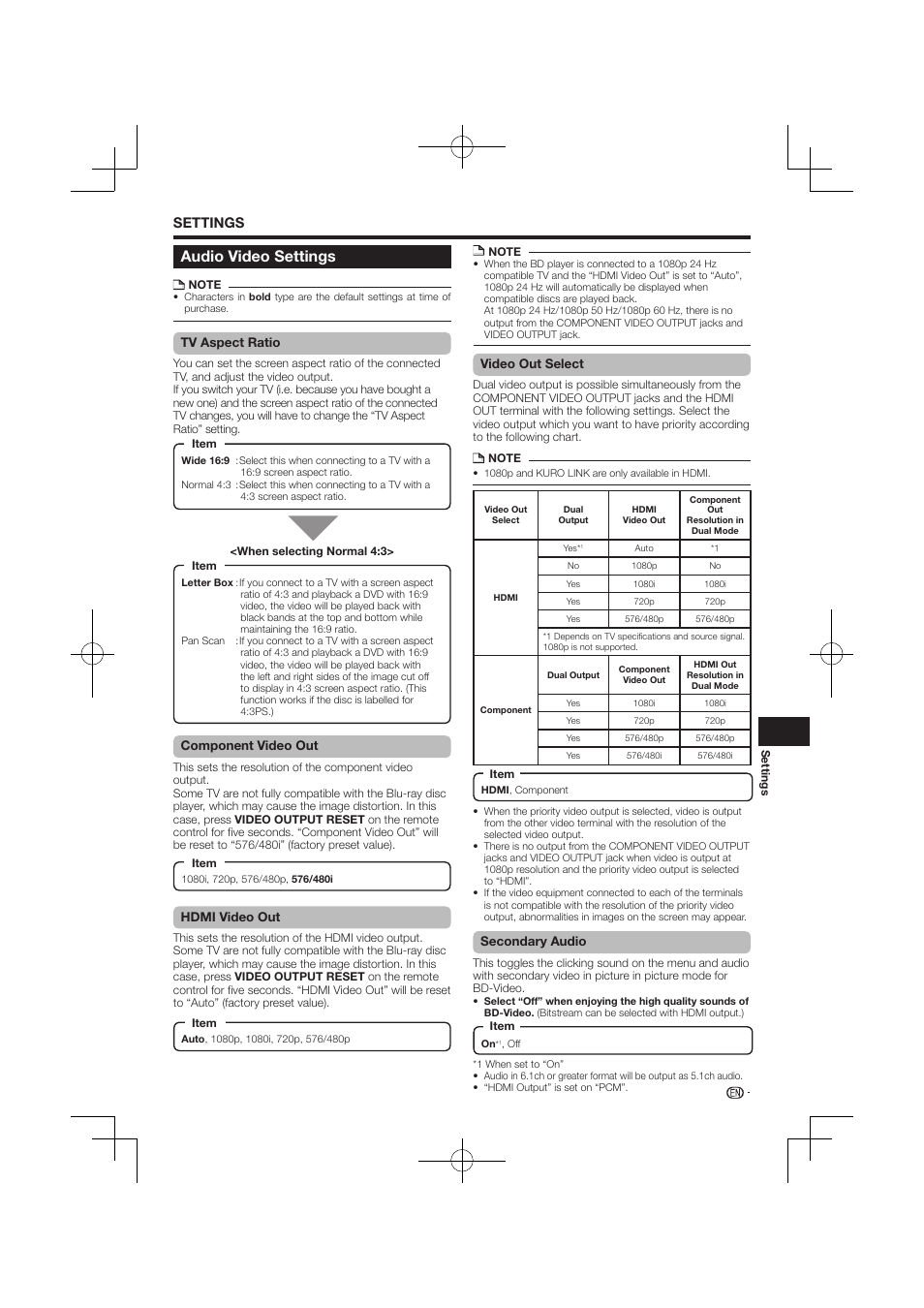 Audio video settings -38, Audio video settings, Settings | Pioneer BDP-120 User Manual | Page 39 / 59