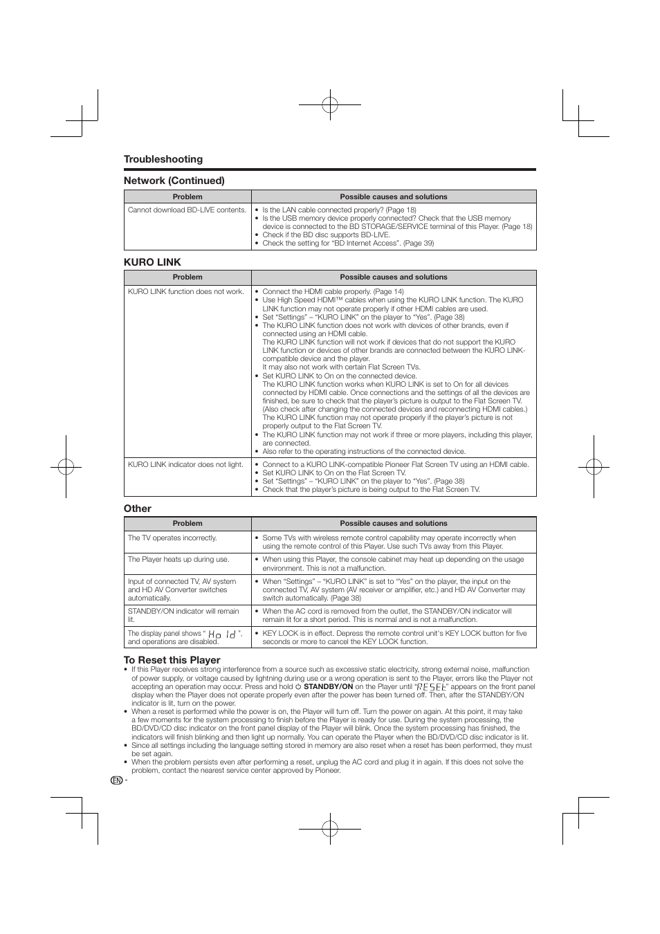 To reset this player, Troubleshooting, Kuro link | Other, Network (continued) | Pioneer BDP-120 User Manual | Page 50 / 59