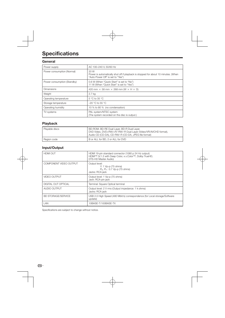 Specifications, General, Playback | Input/output | Pioneer BDP-120 User Manual | Page 54 / 59