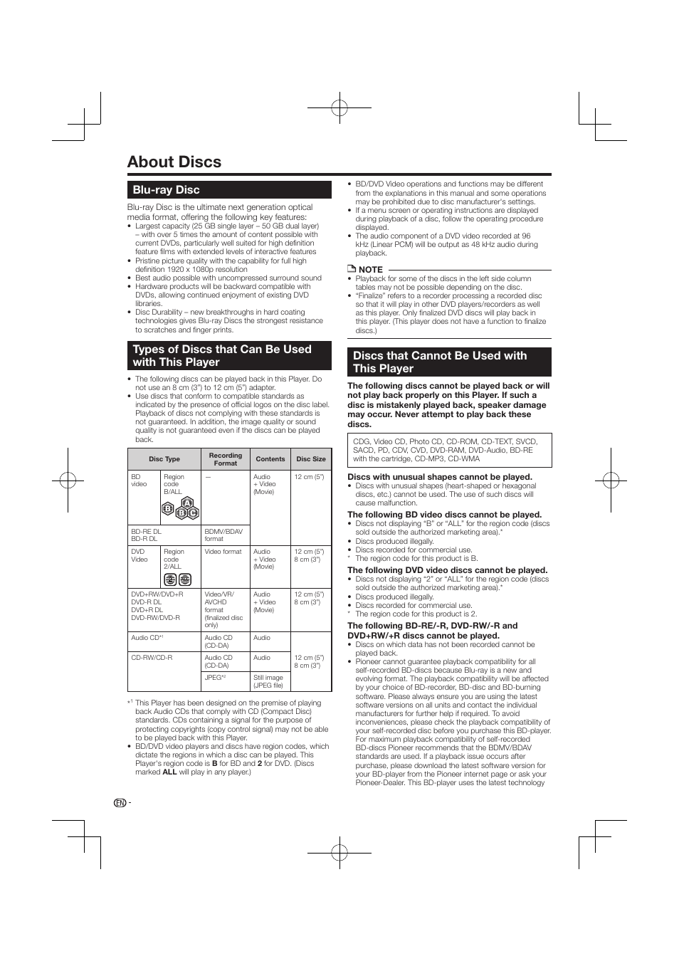 About discs -7, About discs, Blu-ray disc | Types of discs that can be used with this player, Discs that cannot be used with this player | Pioneer BDP-120 User Manual | Page 8 / 59