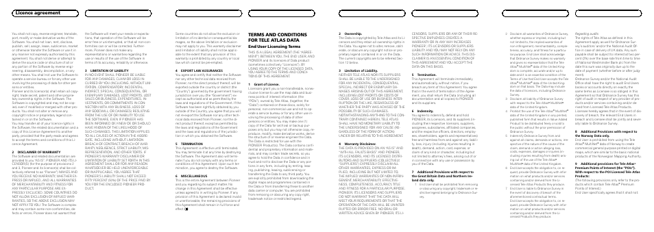 Licence agreement, Terms and conditions for tele atlas data, End user licensing terms | Pioneer CNDV-100MT User Manual | Page 2 / 6