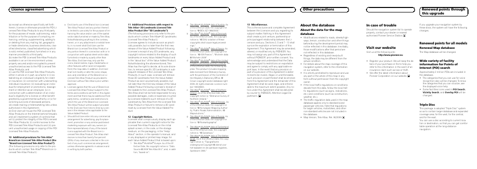 Licence agreement, About the database, Other precauti ons in case of trouble | Visit our website, Renewed points for all models, Renewed points through this upgrade, About the data for the map database, Renewal map database, Triple disc | Pioneer CNDV-100MT User Manual | Page 3 / 6