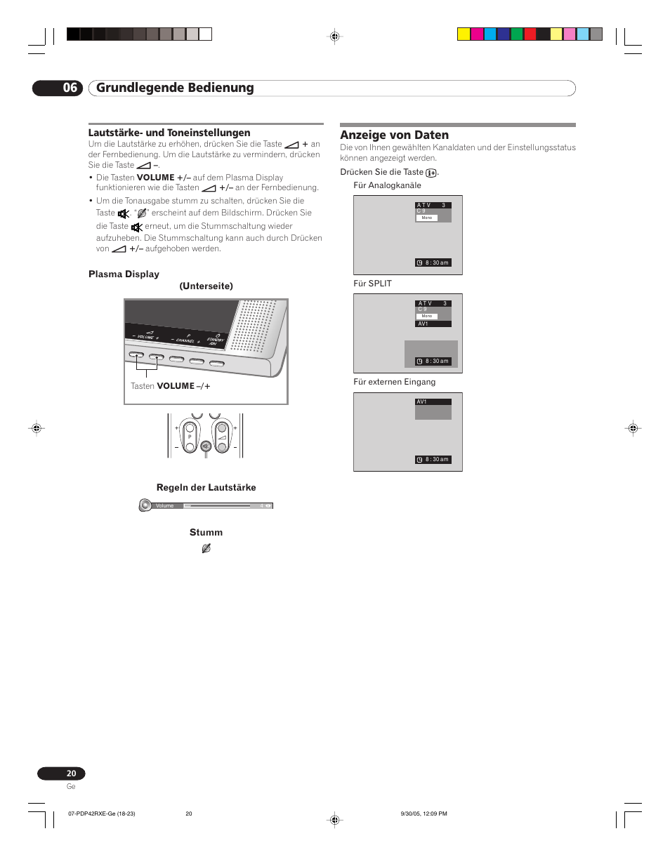 Lautstärke- und toneinstellungen, Anzeigen von daten, 06 grundlegende bedienung | Anzeige von daten | Pioneer PDP-42RXE User Manual | Page 100 / 124
