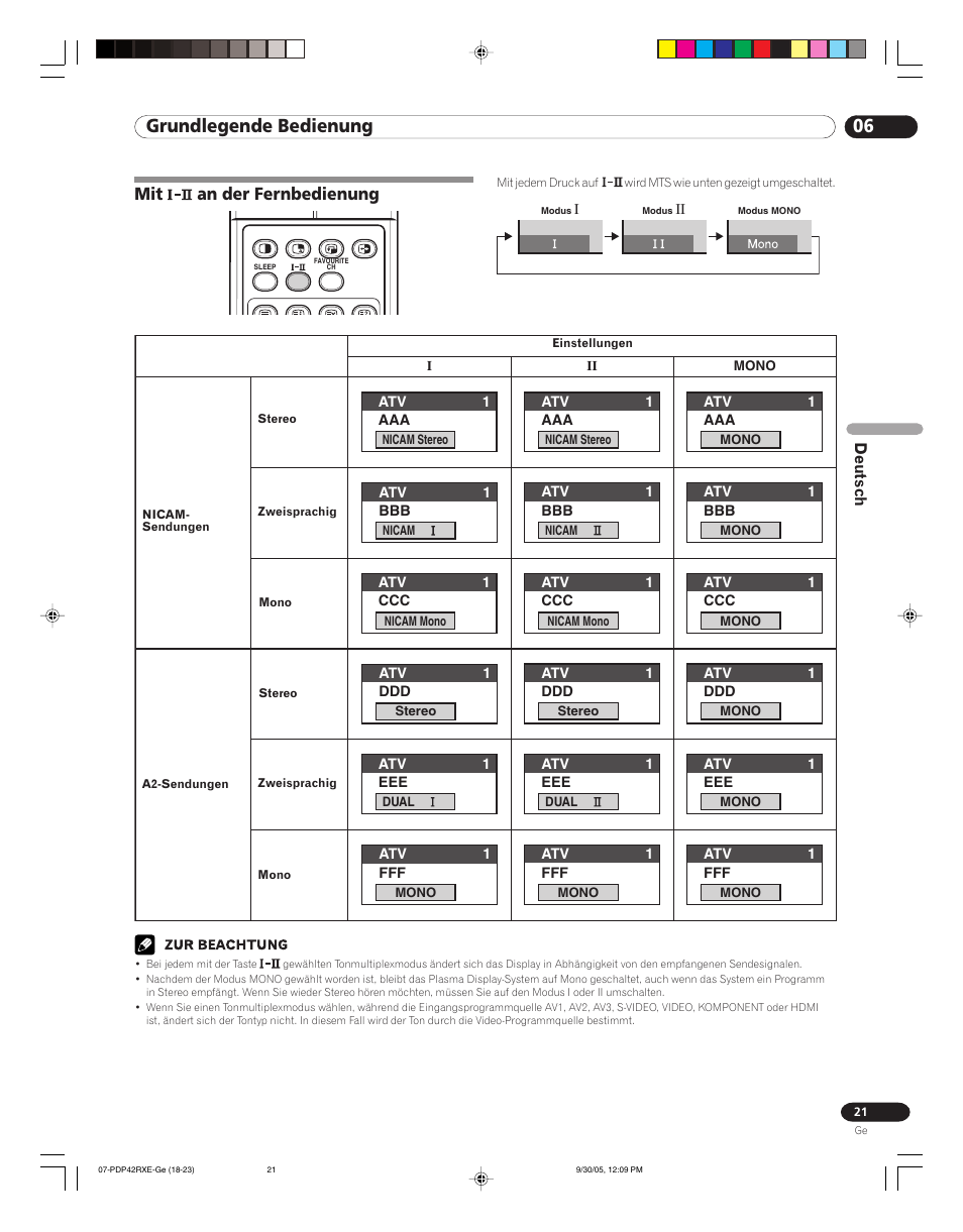 An der fernbedienung, 06 grundlegende bedienung, Mit an der fernbedienung | Pioneer PDP-42RXE User Manual | Page 101 / 124