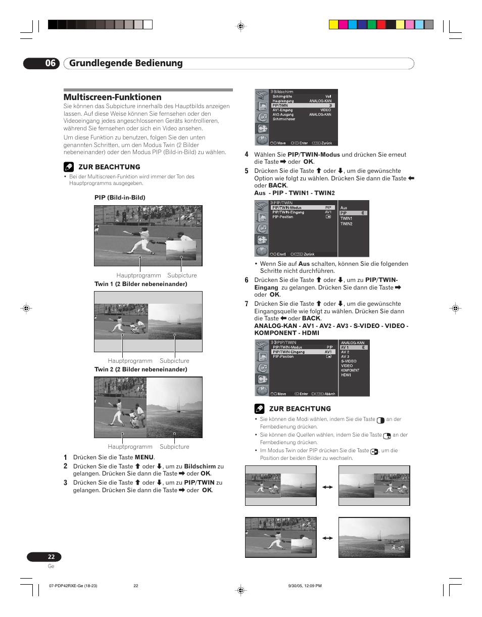 Multiscreen-funktionen, 06 grundlegende bedienung | Pioneer PDP-42RXE User Manual | Page 102 / 124