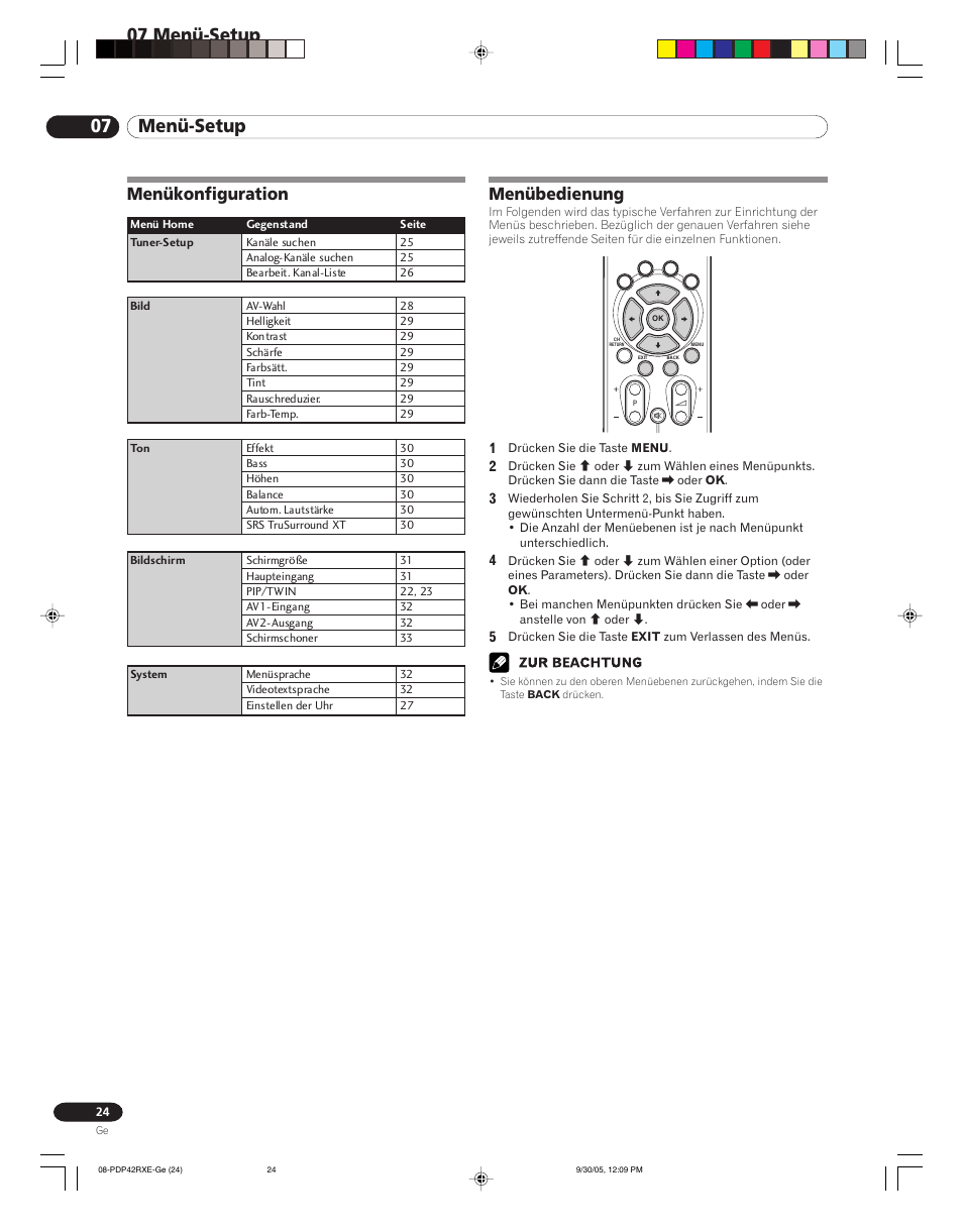 07 menü-setup, Menükonfiguration menübedienung, Menükonfiguration | Menübedienung | Pioneer PDP-42RXE User Manual | Page 104 / 124