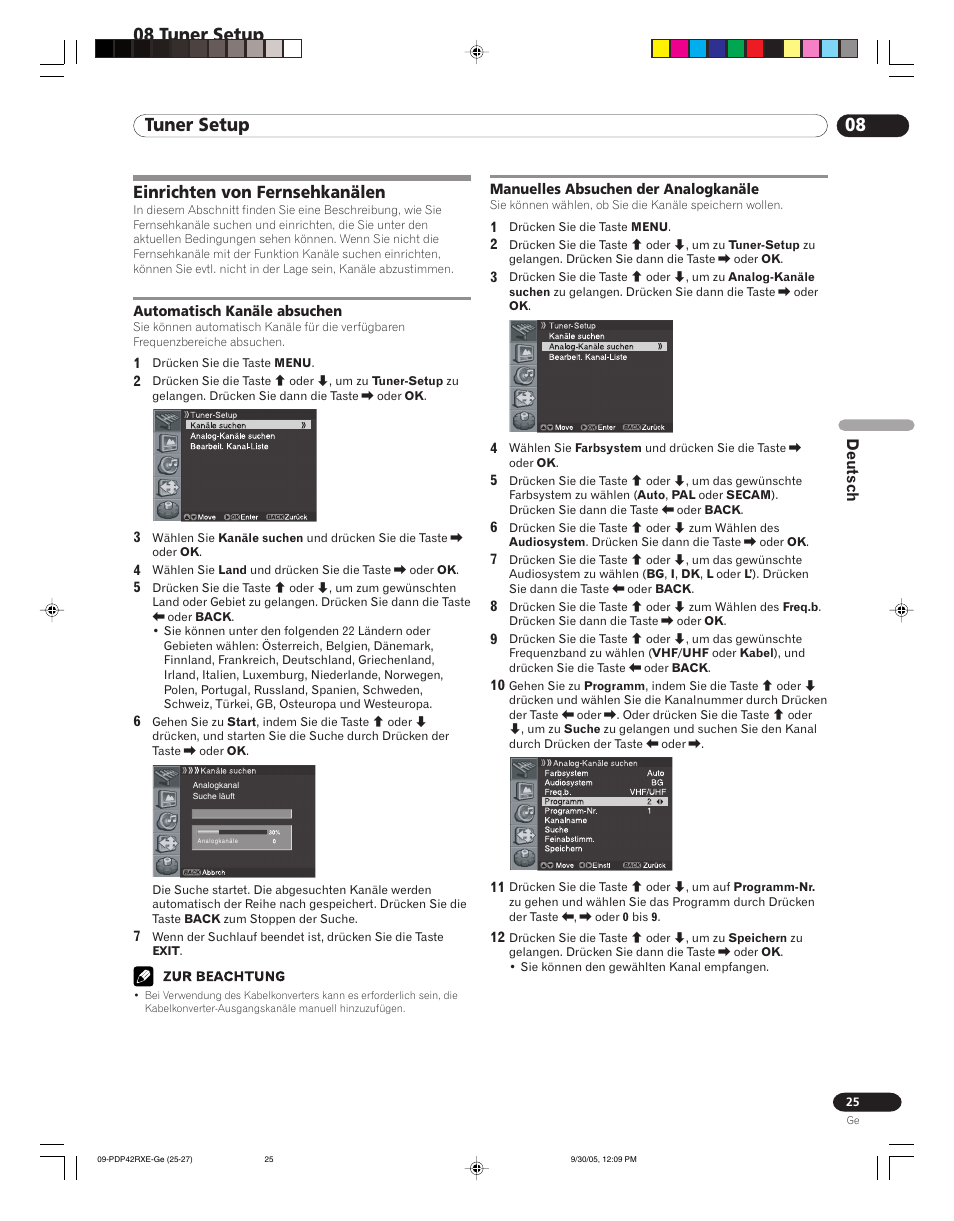 08 tuner setup, Einrichten von fernsehkanälen | Pioneer PDP-42RXE User Manual | Page 105 / 124