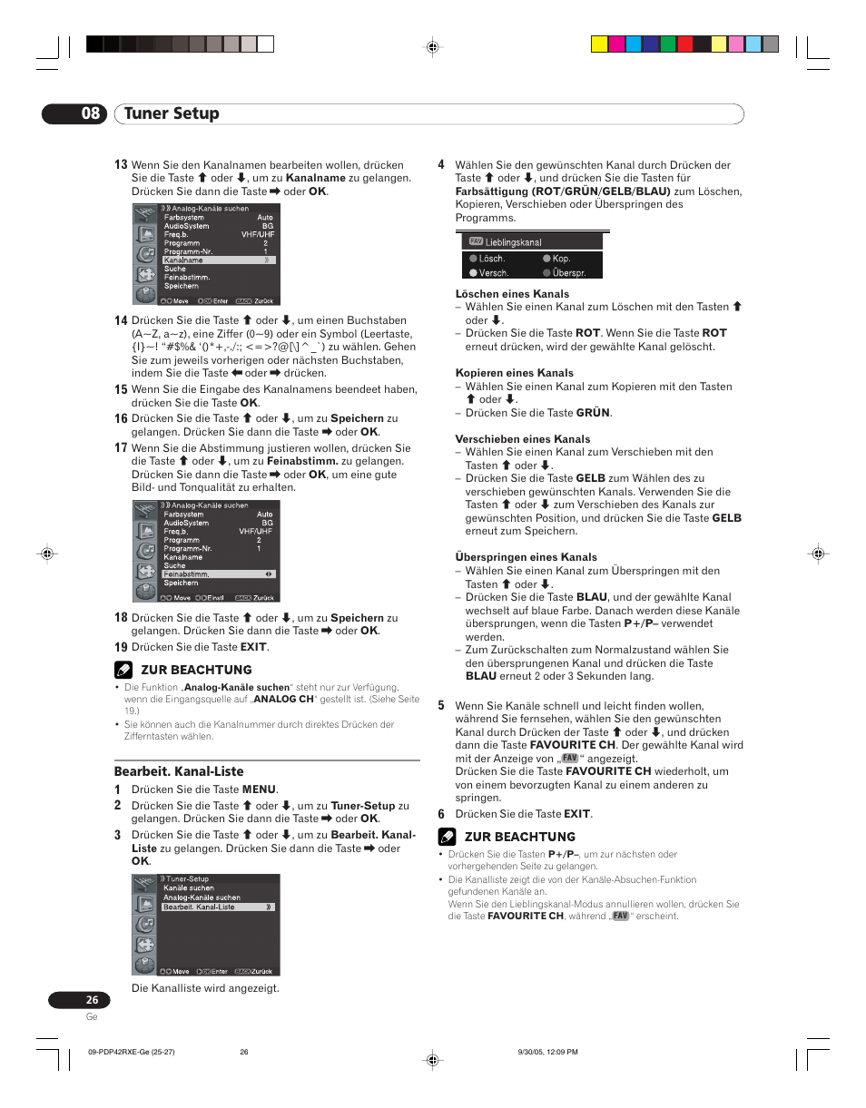 Bearbeit. kanal-liste die kanalliste anzeigen, 08 tuner setup | Pioneer PDP-42RXE User Manual | Page 106 / 124