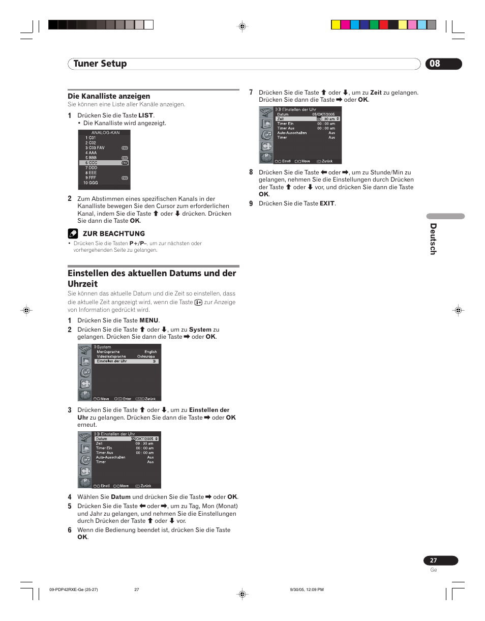 Einstellen des aktuellen datums und der uhrzeit, 08 tuner setup | Pioneer PDP-42RXE User Manual | Page 107 / 124