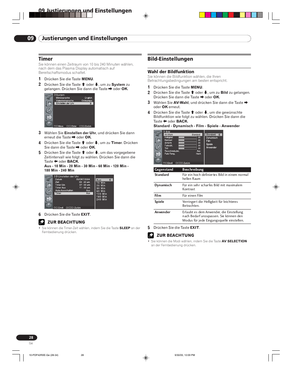 09 justierungen und einstellungen, Timer bild-einstellungen, Wahl der bildfunktion | Bild-einstellungen, Timer | Pioneer PDP-42RXE User Manual | Page 108 / 124