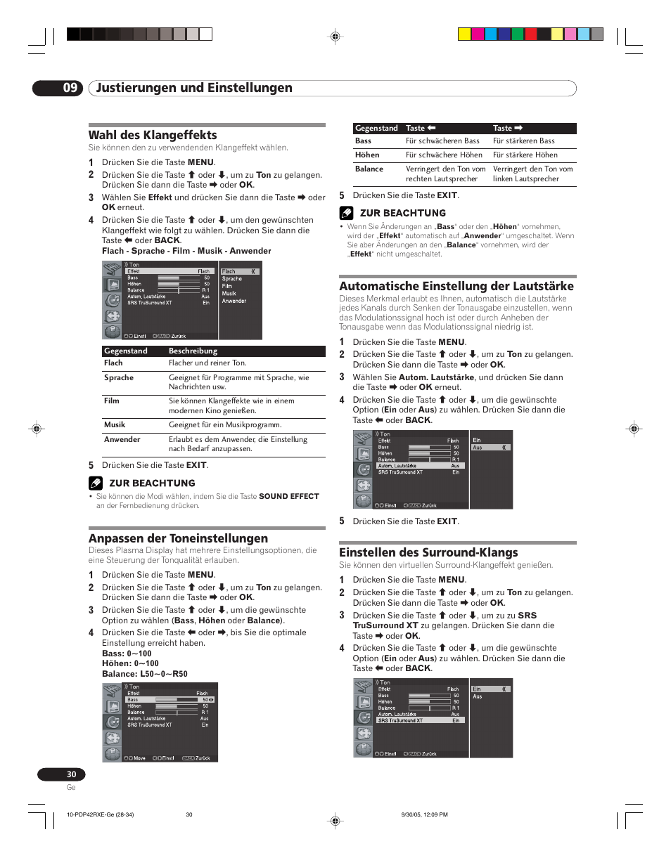 09 justierungen und einstellungen, Automatische einstellung der lautstärke, Einstellen des surround-klangs | Wahl des klangeffekts, Anpassen der toneinstellungen | Pioneer PDP-42RXE User Manual | Page 110 / 124