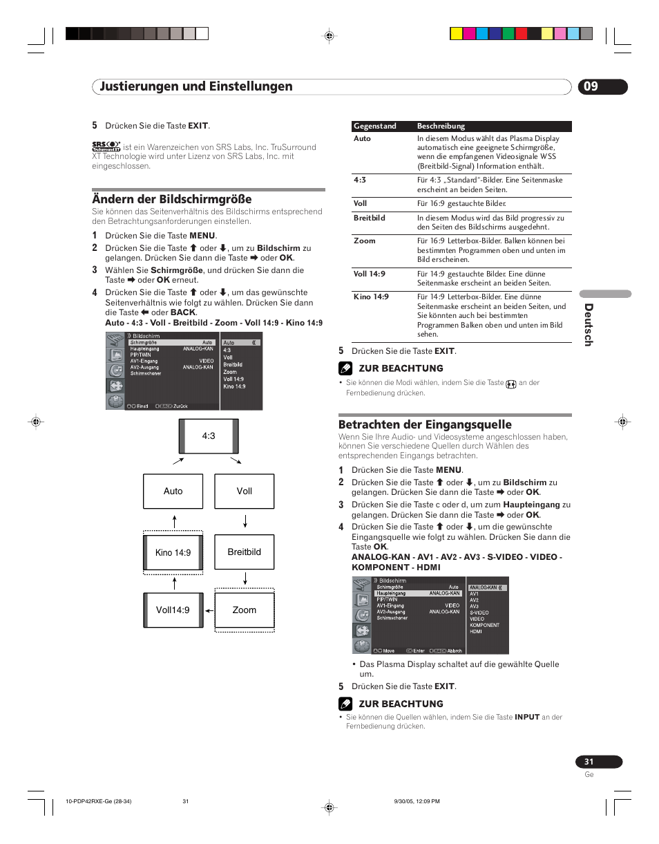 09 justierungen und einstellungen, Ändern der bildschirmgröße, Betrachten der eingangsquelle | Deutsch | Pioneer PDP-42RXE User Manual | Page 111 / 124