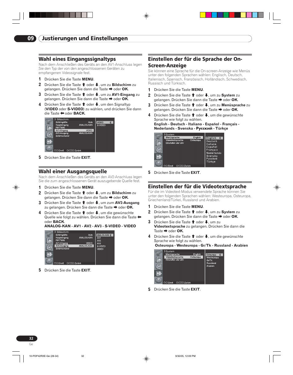 09 justierungen und einstellungen, Wahl eines eingangssignaltyps, Wahl einer ausgangsquelle | Einstellen der für die videotextsprache | Pioneer PDP-42RXE User Manual | Page 112 / 124