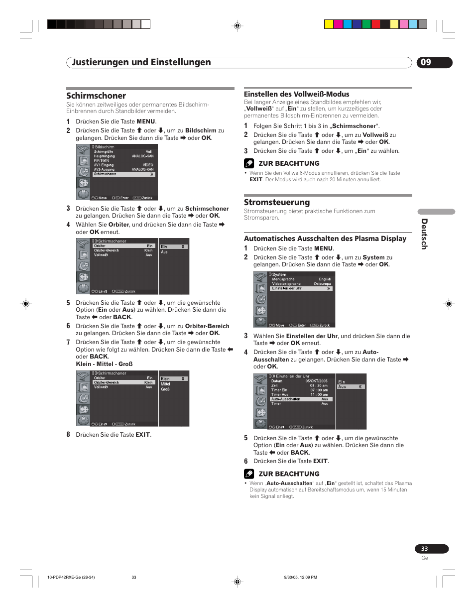 Schirmschoner, Einstellen des vollweiß-modus, Stromsteuerung | Automatisches ausschalten des plasma display, 09 justierungen und einstellungen | Pioneer PDP-42RXE User Manual | Page 113 / 124