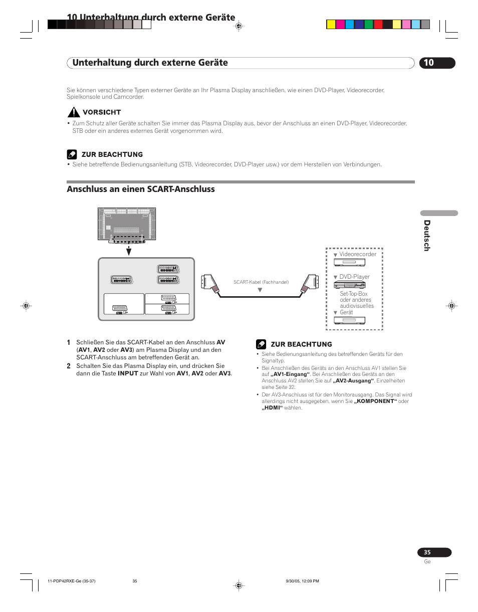 10 unterhaltung durch externe geräte, Anschluss an einen scart-anschluss, Deutsch | Pioneer PDP-42RXE User Manual | Page 115 / 124