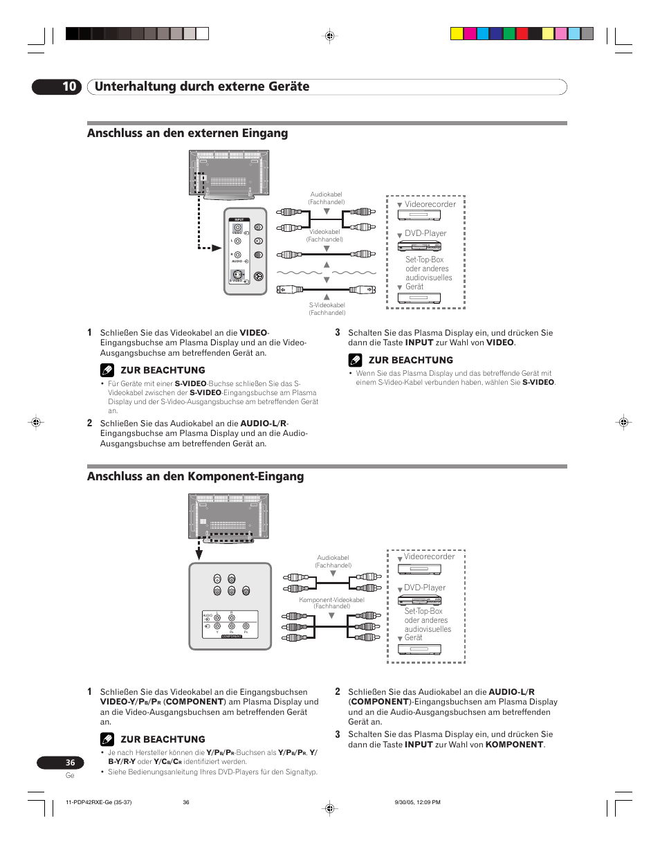 10 unterhaltung durch externe geräte, Anschluss an den komponent-eingang, Anschluss an den externen eingang | Pioneer PDP-42RXE User Manual | Page 116 / 124