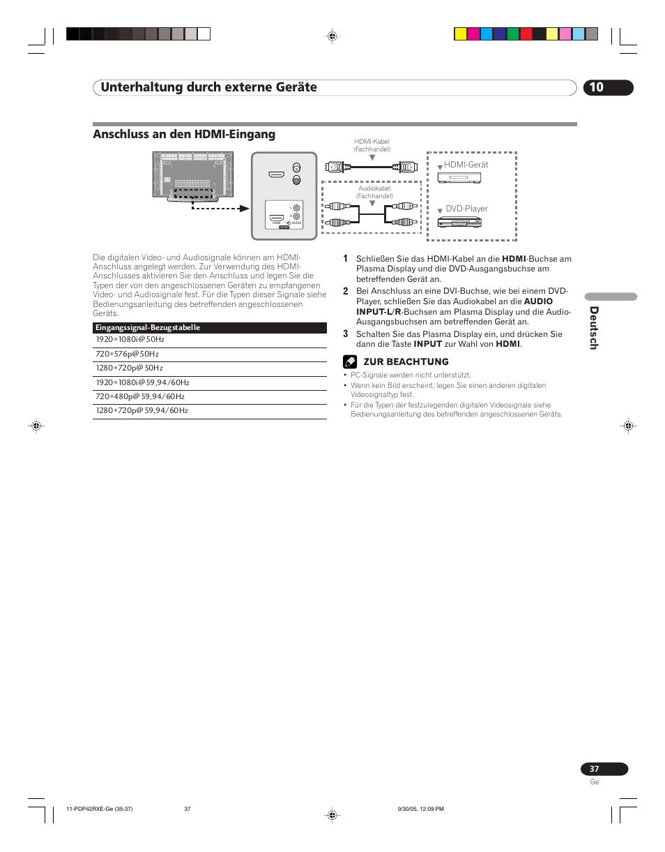 Anschluss an den hdmi-eingang, 10 unterhaltung durch externe geräte, Deutsch | Pioneer PDP-42RXE User Manual | Page 117 / 124