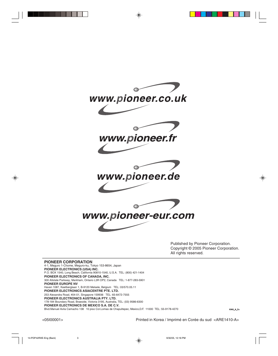 Pioneer PDP-42RXE User Manual | Page 124 / 124