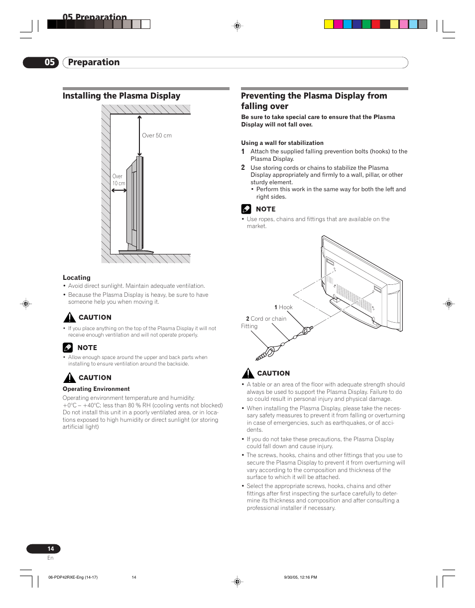 05 preparation, Installing the plasma display, Preventing the plasma display from falling over | Pioneer PDP-42RXE User Manual | Page 14 / 124