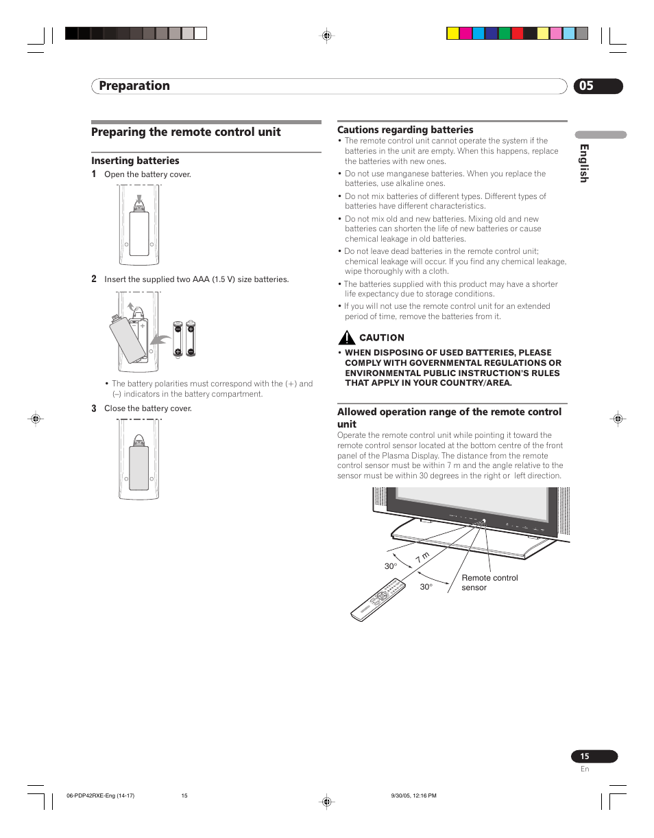 Preparing the remote control unit, Control unit, 05 preparation | English | Pioneer PDP-42RXE User Manual | Page 15 / 124