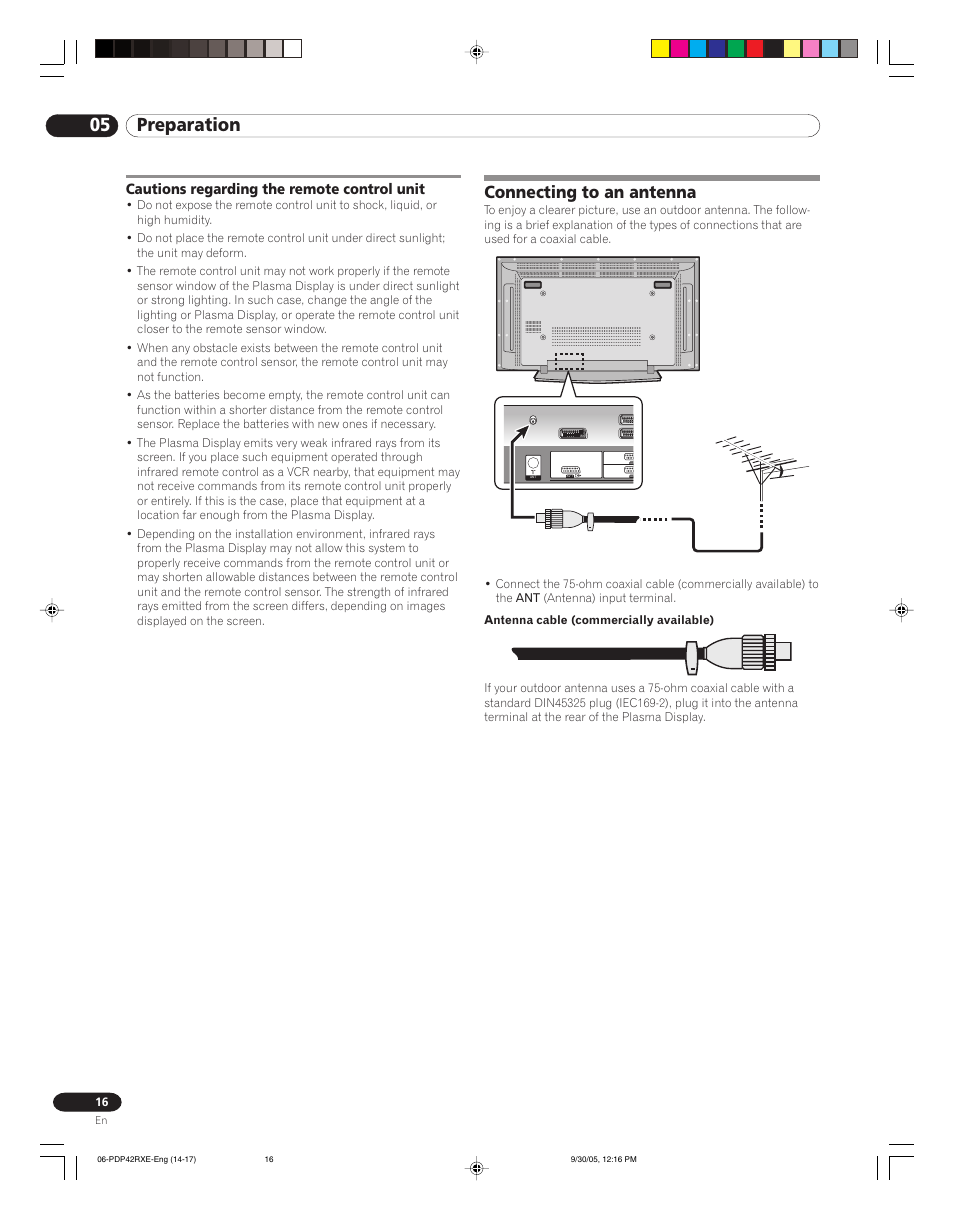 Cautions regarding the remote control unit, Connecting to an antenna, 05 preparation | Pioneer PDP-42RXE User Manual | Page 16 / 124