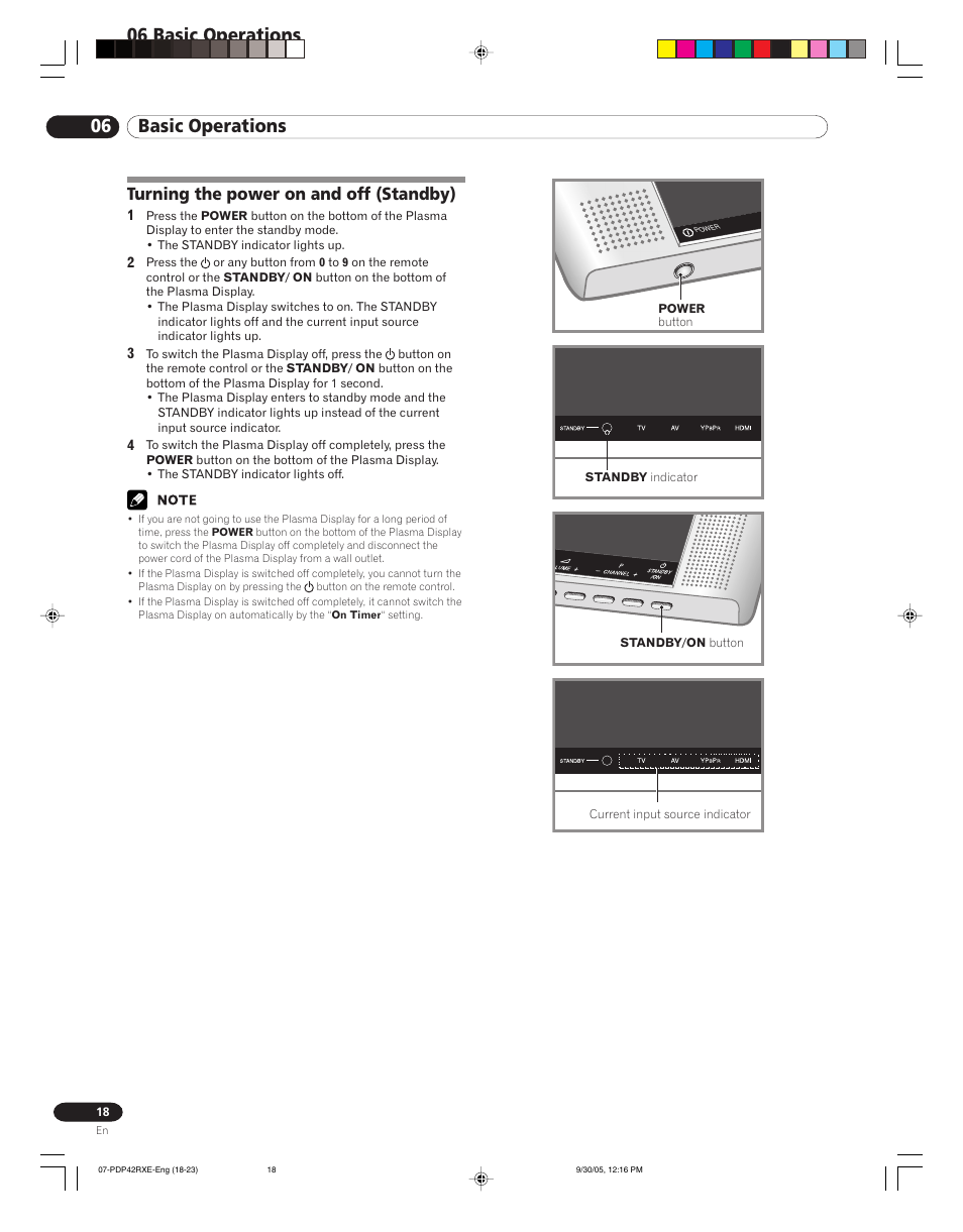 06 basic operations, Turning the power on and off (standby) | Pioneer PDP-42RXE User Manual | Page 18 / 124