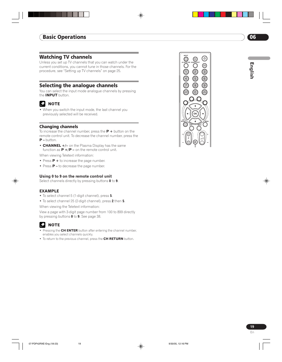 Changing channels, 06 basic operations, Watching tv channels | Selecting the analogue channels, English | Pioneer PDP-42RXE User Manual | Page 19 / 124