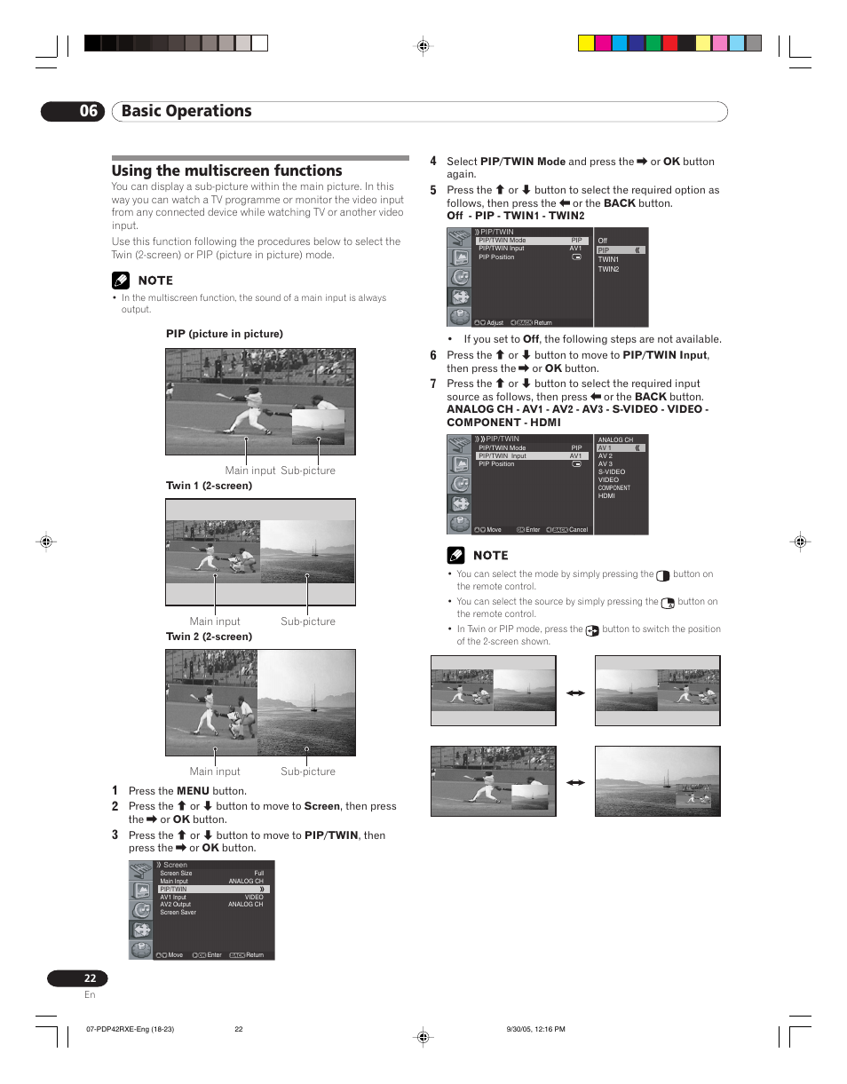 Using the multiscreen functions, 06 basic operations | Pioneer PDP-42RXE User Manual | Page 22 / 124