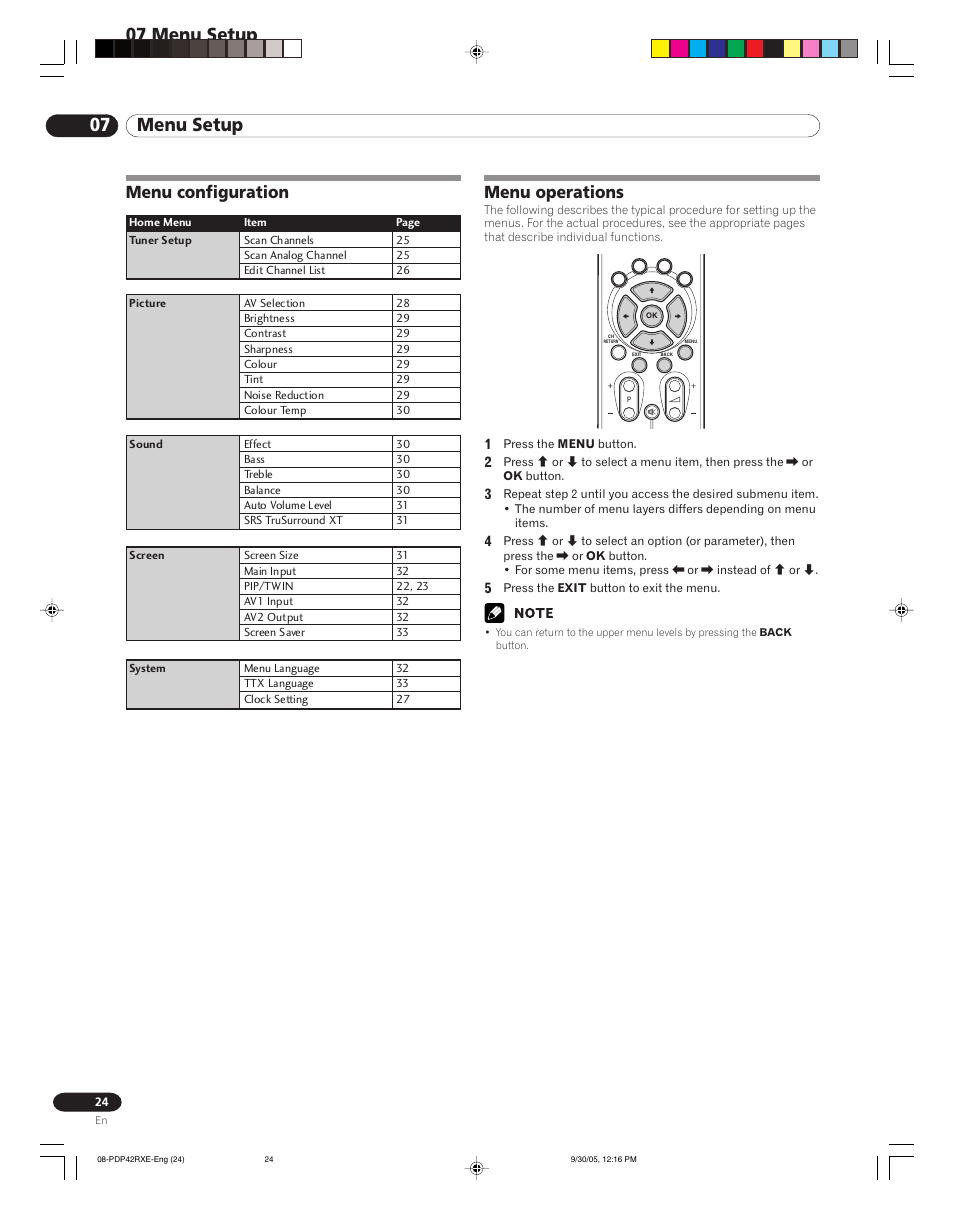 07 menu setup, Menu configuration menu operations, Menu configuration | Menu operations | Pioneer PDP-42RXE User Manual | Page 24 / 124
