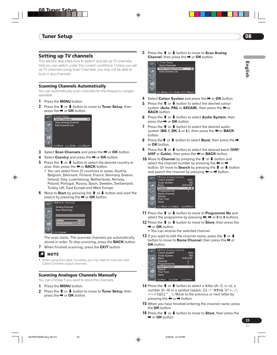 08 tuner setup, Setting up tv channels, English | Pioneer PDP-42RXE User Manual | Page 25 / 124