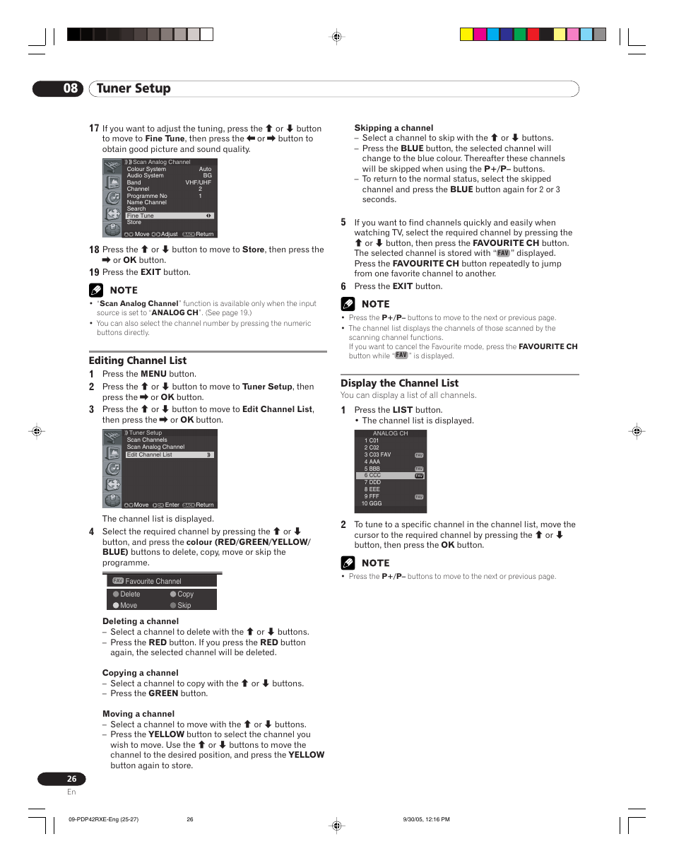 Editing channel list display the channel list, 08 tuner setup | Pioneer PDP-42RXE User Manual | Page 26 / 124