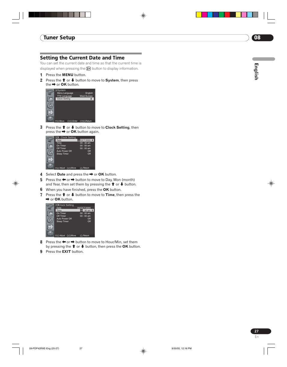 Setting the current date and time, 08 tuner setup, English | Pioneer PDP-42RXE User Manual | Page 27 / 124