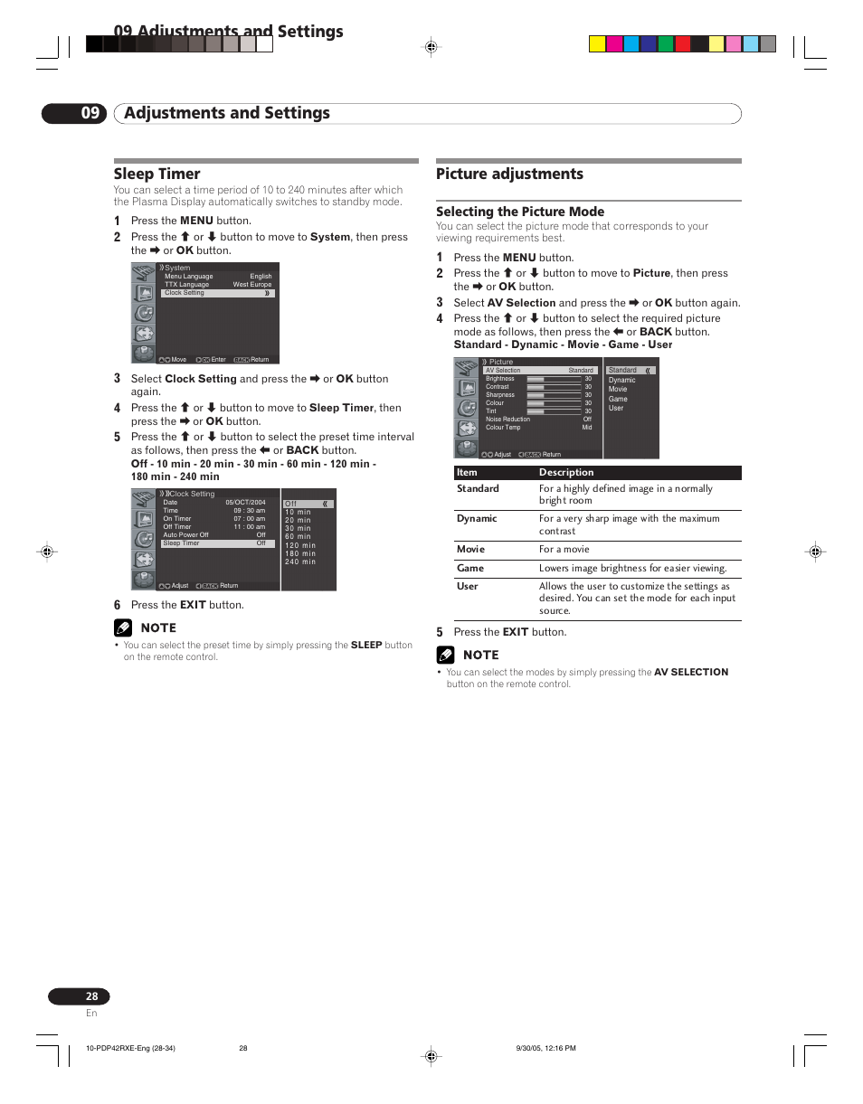 09 adjustments and settings, Sleep timer picture adjustments, Selecting the picture mode | Picture adjustments, Sleep timer | Pioneer PDP-42RXE User Manual | Page 28 / 124