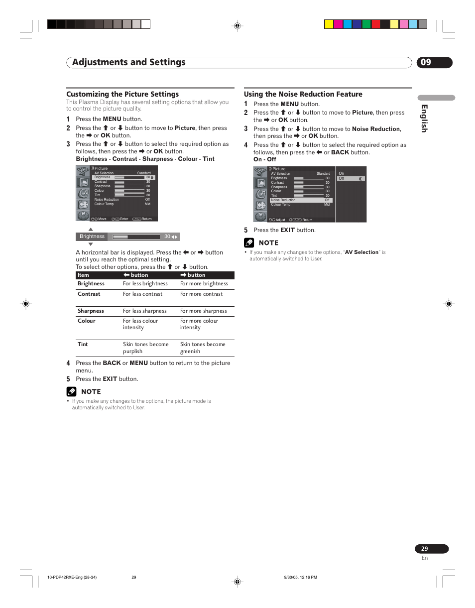 09 adjustments and settings, English | Pioneer PDP-42RXE User Manual | Page 29 / 124