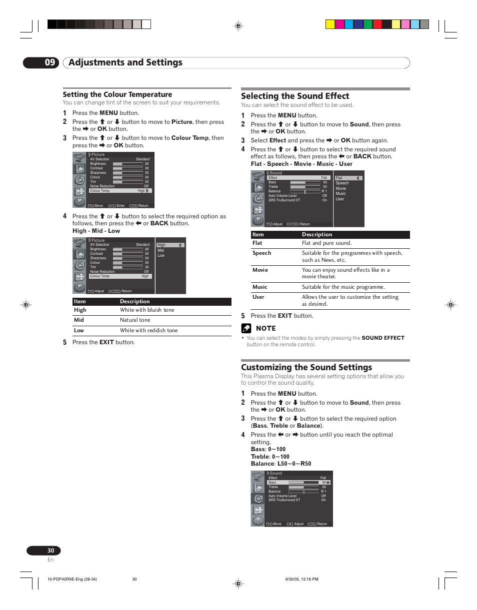 Setting the colour temperature, 09 adjustments and settings, Selecting the sound effect | Customizing the sound settings | Pioneer PDP-42RXE User Manual | Page 30 / 124